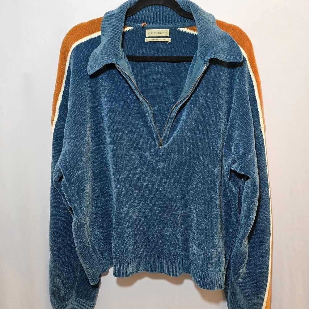Urban Outfitters Chenille Blue Yellow 90s Style Collared Pullover Sweatee, sz L